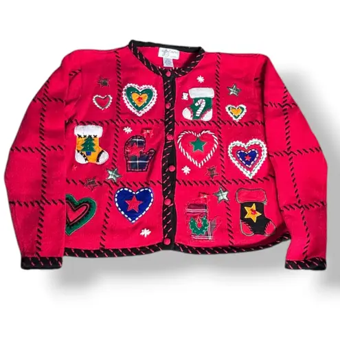 Vintage Christmas Cardigan Knit Sweater Red Green Applique Hearts Petite Large Size undefined