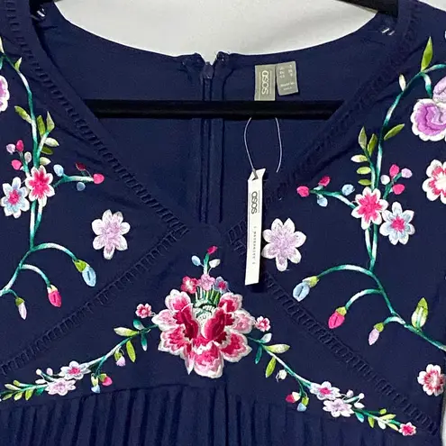 NWT ASOS MATERNITY DRESS WO SIZE 6. NAVY PLEATED DRESS EMBROIDERED FLORAL DESIGN Blue