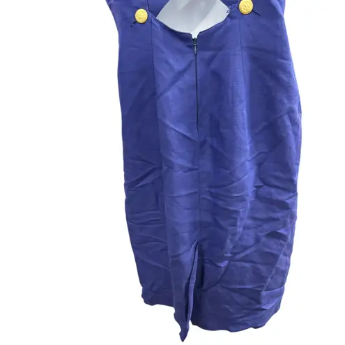 Geary Roark Kamisato Linen Dress Open Back Gold Button Detail Size 14* Blue