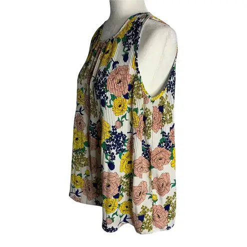 Carolina belle Accordion Pleat Tank Top M White Floral Round Neck Key Hole