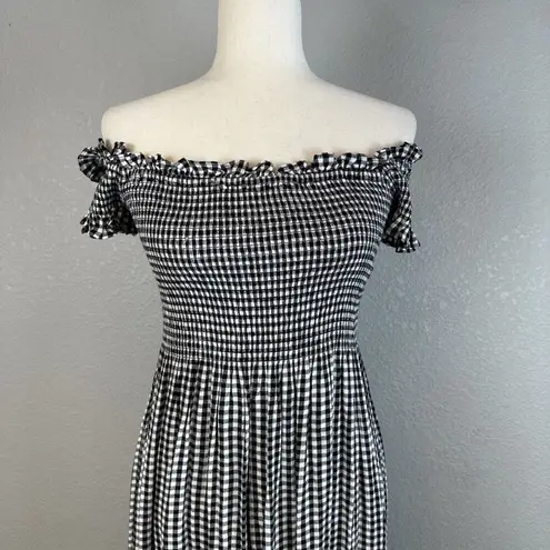 Bardot Cindy Off Shoulder Midi Dress Size 6 S Black Gingham Smocked Babydoll