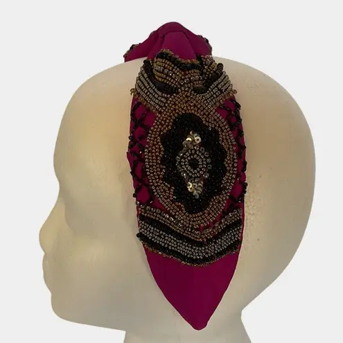 Mexican Beaded Padded Headband Fuchsia Turban Style Boho Embroidered Accessory Black