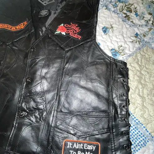 Women's Diamond Plate Black Leather Biker Vest with Patches Sz Large
