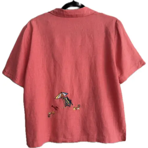 Ultra Dress Linen Coral Summer Beach Embroidered Abalone Shell Button Up Size 12