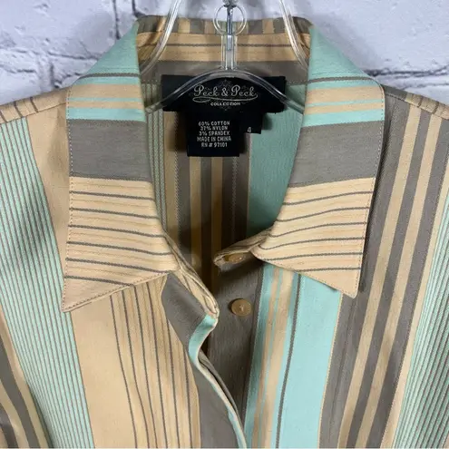 Peck & Peck Chic Tan and Teal Striped Button-Up Shirt Size 4 (E13)