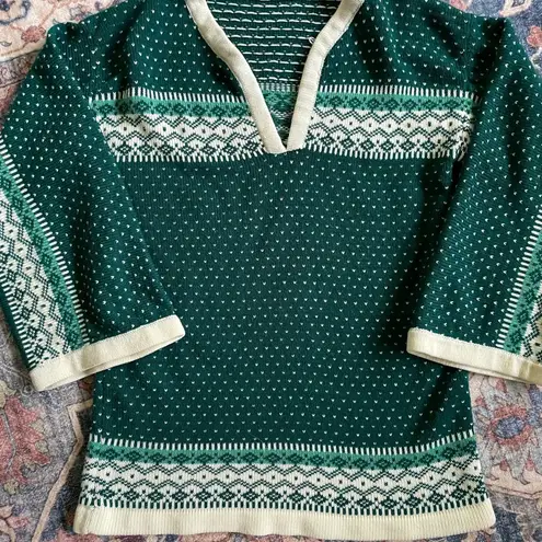 Vintage Green & Cream Acrylic Sweater V Neck Wide Sleeves Size L Fits Like M Size M