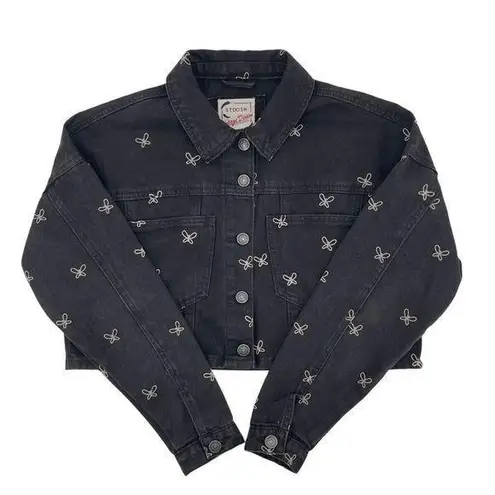 Stoosh Vintage Denim Butterfly Cropped Jean Jacket Black Size Small Button Front