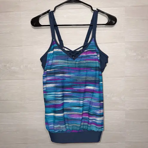 Lands’ End Tankini Swim Top Size Small 4/6 Blue Purple Striped Criss Cross Back