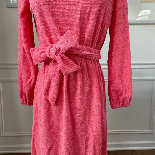 Vintage 70s Coral Terry Cloth Long Sleeve Dress Teena Paige XS S Orange