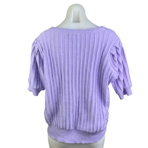 FRNCH Cashmere Purple Wool Knit Rib Short Puff Sleeve Sweater Shirt Blouse Top L