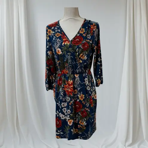 Forever 21  Navy Floral Faux Wrap Half Sleeve Dress Size L