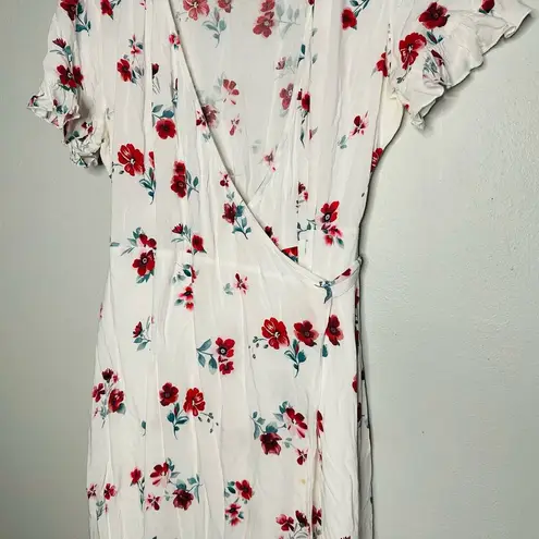 Gebe Maternity White Red Floral Tie Waist Ruffle Sleeve Maxi Wrap Dress Size M