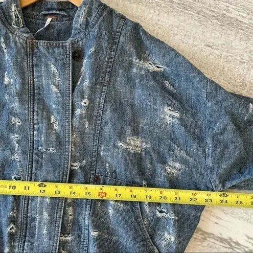 Free People  Distressed Denim Bomber Jean Jacket  Small Zip and Snap Up Front