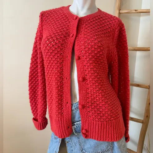 LL Bean Coral Red Cardigan Sweater Chunky Knit Button Up Lg Lagenlook Preppy