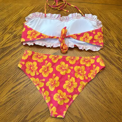 AI'MAGE Two Piece Bandeau Mid Rise Floral Ruched Bikini Set swimsuit Pink Size XL