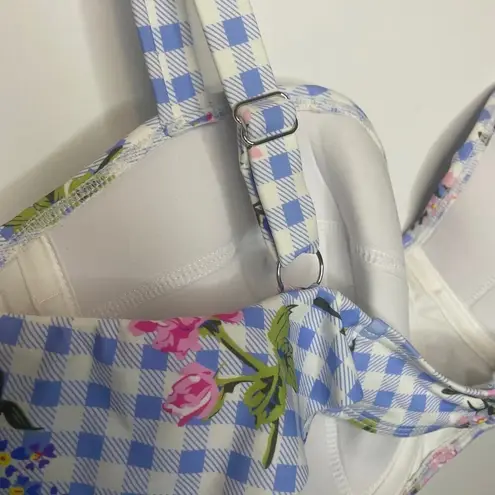 Eloquii NWT Garden Party Bikini Top 22W Blue Gingham Floral Swim Ruffle Beach