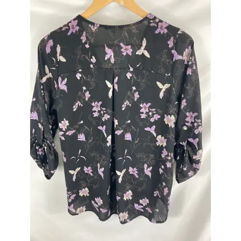 West Kei Allan Surplice Roll Tab Floral Black Purple Blouse Size Medium
