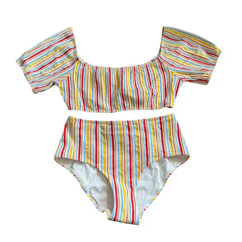 Lemlem Mokati Pouf Bikini Swimsuit High Waisted Bottoms Lemon Zest Stripe Small - Image 1