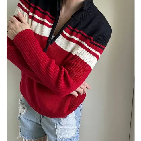 Y2K Preppy Mock Neck Sweater Red/White Black Streetwear Twee Coastal Stripe SZ L Red Size L - Image 7