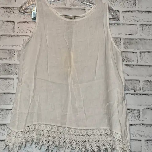 Women's Italian made 100% linen Sleeveless embroidered Lace Hem Top size small White