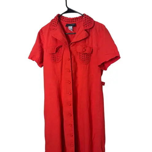 JOHN ROBERTS Red Linen Blend Button Front Collared Midi Shirt Dress Size 14