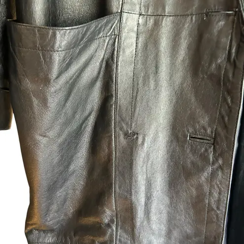 Marco Morani VTG Leather Coat Trench Womens Black SZ L Suede Trim Jacket Classic Size L