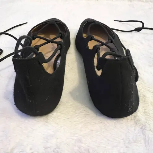 Charles Albert Solid Black Lace Up Almond Toe Flats Size 6