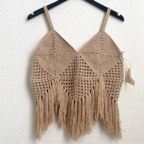 MIREMAR Natural Beige Tan Crochet Fringe Bohemian Boho Top One Size