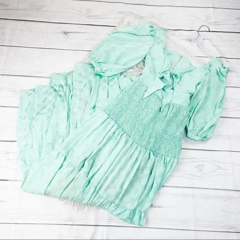 PatBo Women's Satin Dot Ruched Barrel cuff Maxi Dress in Green Size 2