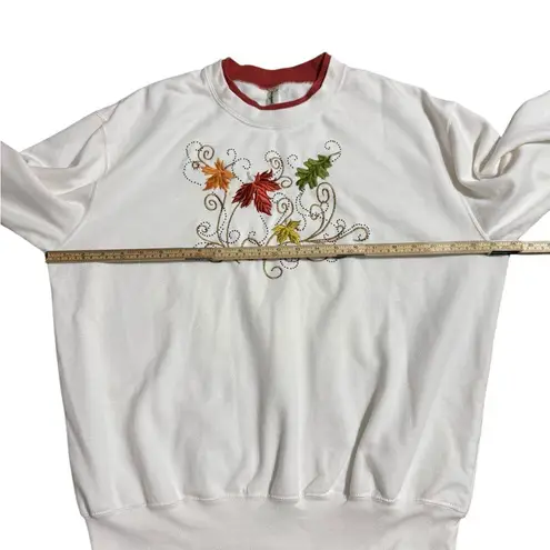 🍂 Cozy Fall Multicolor Leaf Embroidered Sweatshirt with Bead Embellishments 🍁 L White Size L