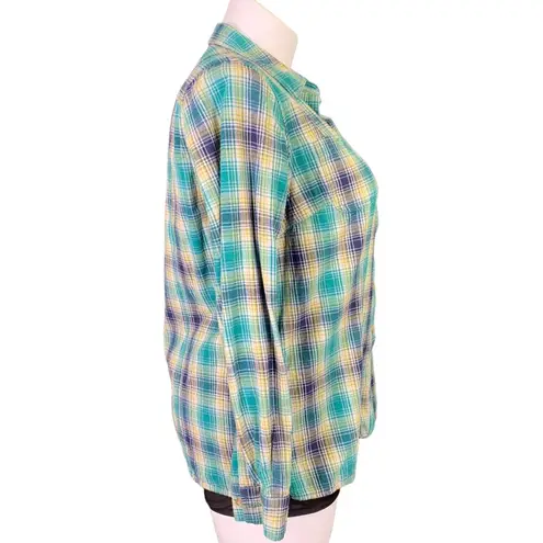 Duluth Trading Co Womens Shirt Top Plaid Button Down Collared Green Blue Large