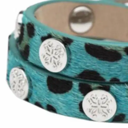 Rustic Cuff LEOPARD BLUE MEAGEN LEATHER CALFSKIN SILVER DOUBLE WRAP BRACELET