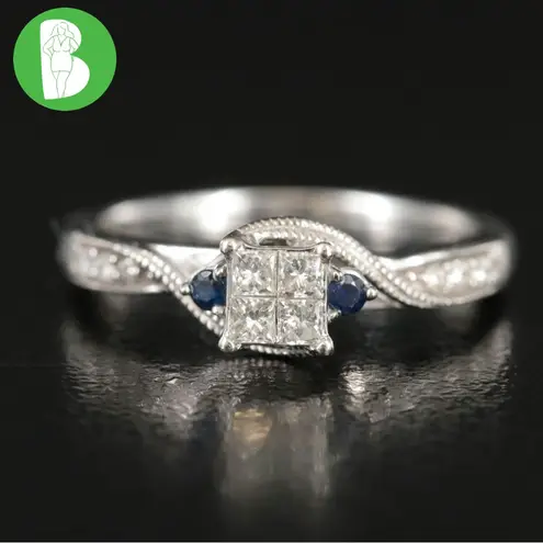 10K SOLID WHITE GOLD .20 CARAT TOTAL WEIGHT & SAPPHIRE DIAMOND RING (5.25) Blue