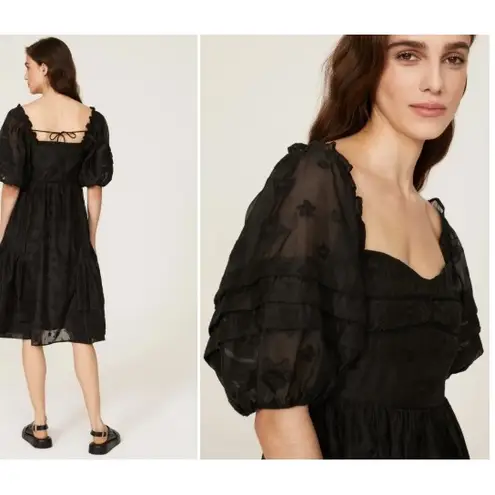 Hofmann Copenhagen Isabella Black Floral Lace Midi Dress Square Neck Puff Sleeve Size 4