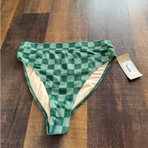 ALBION FIT NWT High Waist Swim Bikini Bottom Cheeky Bottoms Green Check Size L