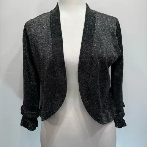 August Silk  Black & Silver Metallic Open Front 3/4 Ruffle Sleeve Bolero Shrug S