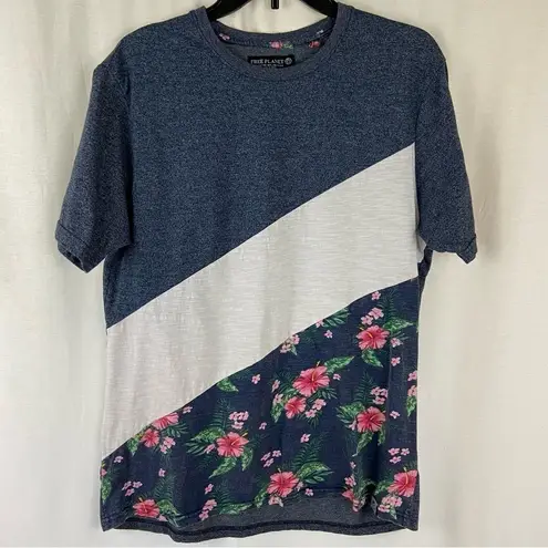 Free Planet Mixed Media Patchwork Navy White and Floral Tee Woman’s
