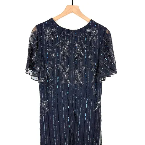 Mac Duggal Sequin Embellished Beaded Faux Wrap Gown Navy Blue Sz 14 NWT 93654