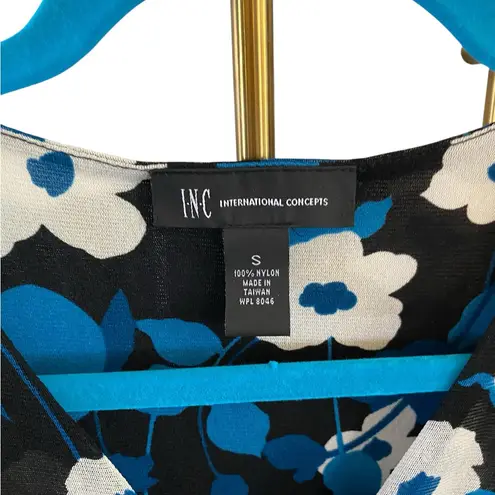 Vintage Y2k INC Floral Blue & Black Women's Mesh tie back Flutter sleeve Top