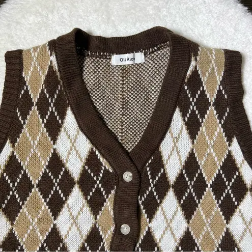 Oil Rice Brown Argyle Button Front Sweater Vest Size L