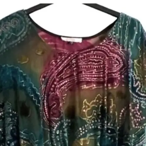 Cache Luxe Top Womens Size S Boho Cape Sleeve Multicolor Sheer LIned Sequin Green