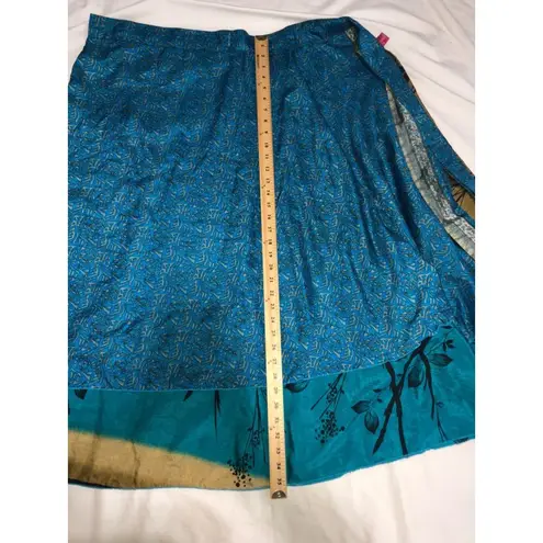 Wevez Blue Gold Double Wrap Skirt Sari L OS Silk Reversible India Midi Maxi Long Size undefined