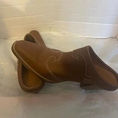 Leather Western Booties Clogs Mules 3 Inch Heels Brown Size 8 Top Stitching Tan
