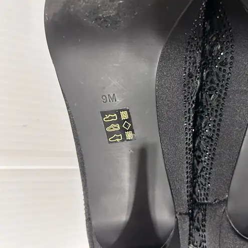 J. Rene Radita Satin Rhinestone peep top shooties heel shoe women size 9 M Black