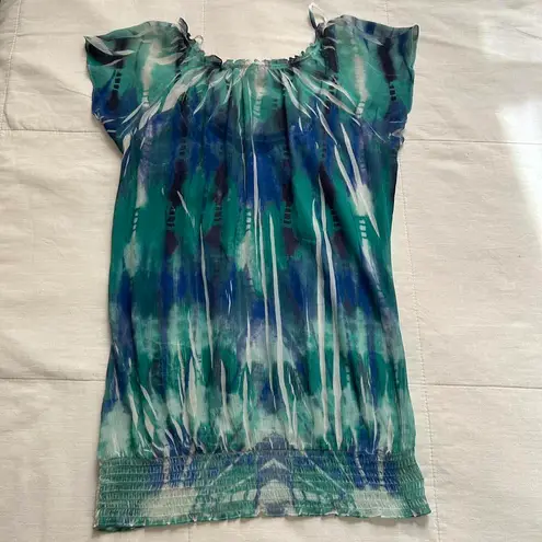 Y2K blue green tie dye sublimation print semi sheer bubble hem top rhinestones Size M
