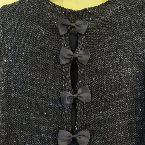 John Fashion Navy Sequin Knit Top w/ Chiffon Hem & Bow Back – Medium Blue