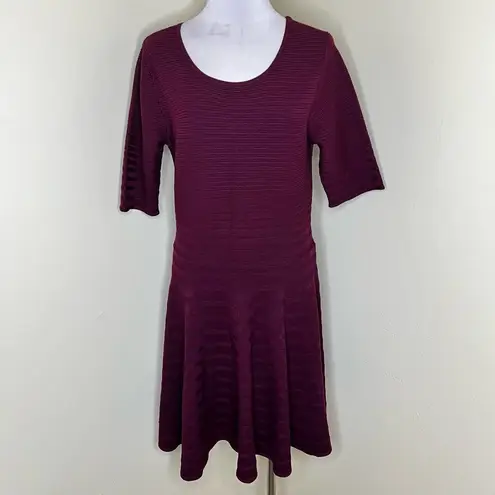 Ivanka Trump Sweater Dress LARGE Burgundy Ribbed Knit A-Line Fit & Flare Midi