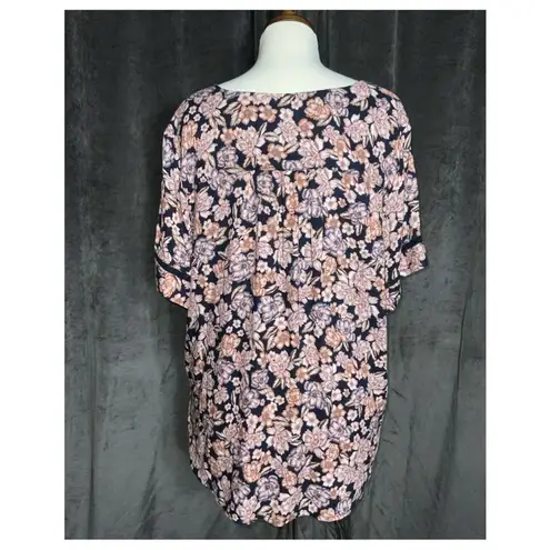 Hinge  Navy Blue & Pink Floral Short Sleeve Cutout Lace Detail Dainty Top XXL