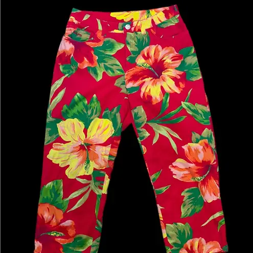 Ralph Lauren Vintage Ralph by  Red Yellow Floral Hibiscus Cropped Capri Pants