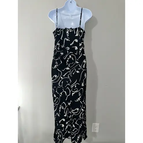En Saison Black White Faces Print Maxi Dress Sleeveless Satin Slit Size S